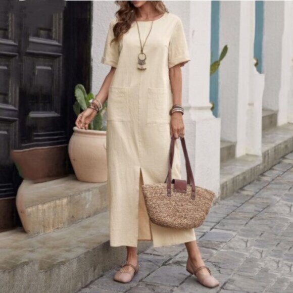 Dresses & Skirts - Women's cotton and linen solid color loose round neck short sleeve dress